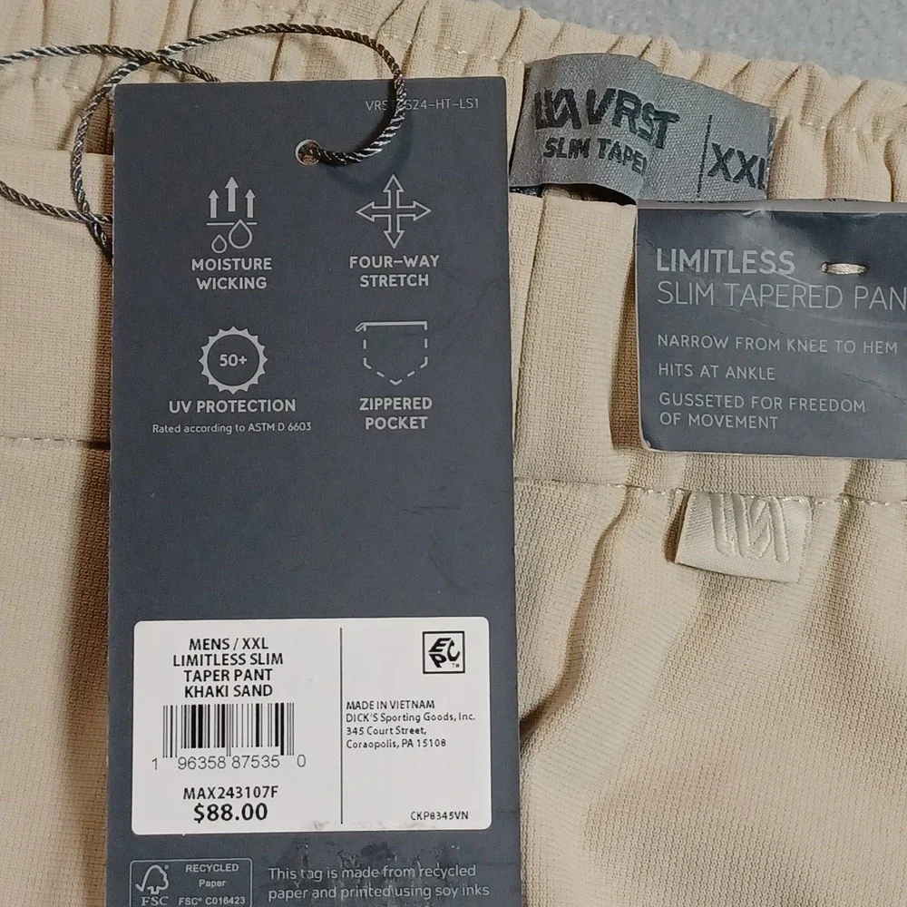 VRST‎ Mens XXL Limitless Slim Tapered Pant Khaki Sand Khaki NWT MAX243107F